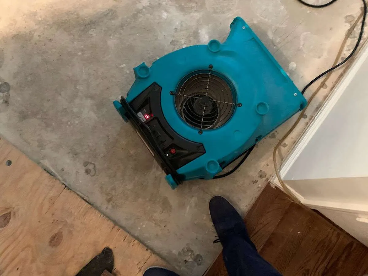 Air mover drying subfloor during Commercial Water Damage Restoration in Roeland Park